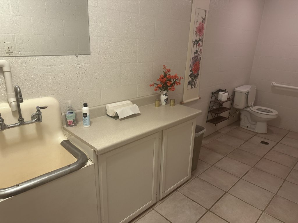 Restroom with grab bars and vintage industrial sink at Windsong Innerspace